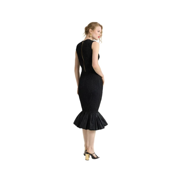 Smocked fishtail midi dress in Black recycled faille - Image 3