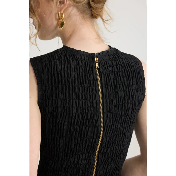 Smocked fishtail midi dress in Black recycled faille - Image 4
