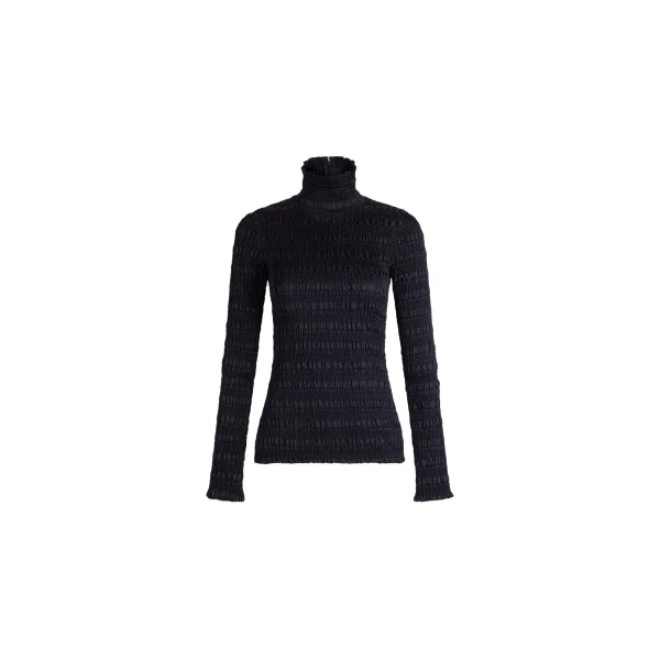 Patou Smocked high-neck top in Polar Night viscose