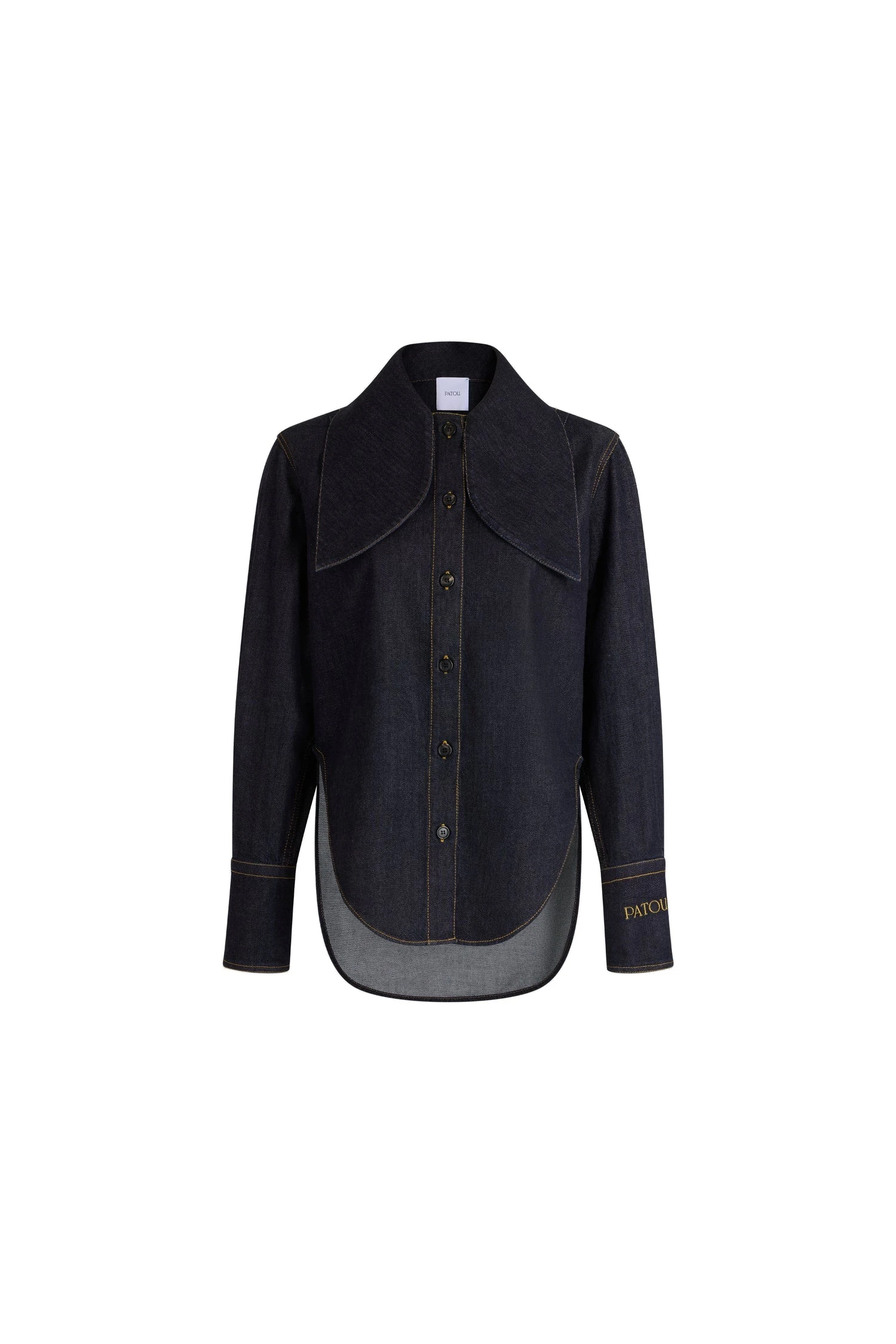 Patou Tied-collar shirt in Blue Mountain Rodeo cotton denim | Tops | Coveti Patou Tied-collar shirt in Blue Mountain Rodeo cotton denim