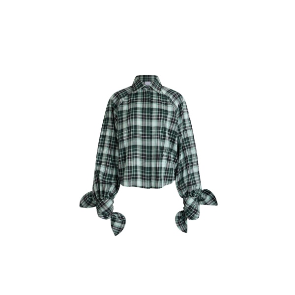 Patou Tied-sleeve blouse in Acqua Tartan cotton