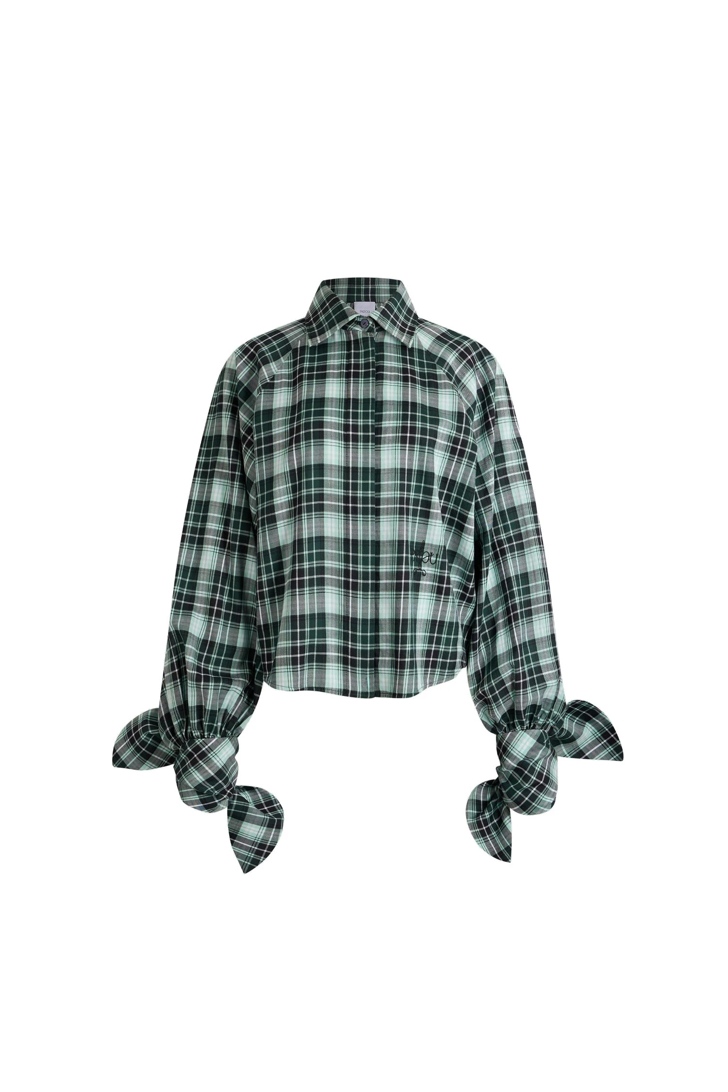 Patou Tied-sleeve blouse in Acqua Tartan cotton | Tops | Coveti Patou Tied-sleeve blouse in Acqua Tartan cotton