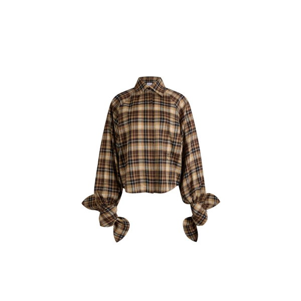Tied-sleeve blouse in Chestnut Heritage Tartan cotton