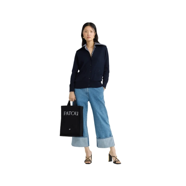 Trompe l'œil poplin collar cardigan in Navy Black cotton - Image 3