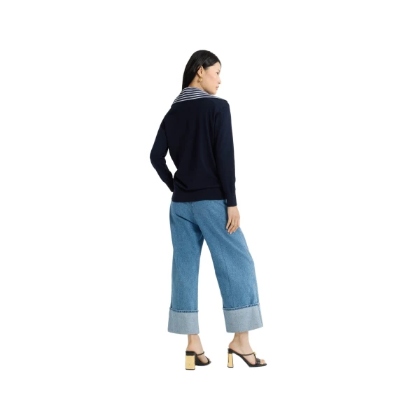 Trompe l'œil poplin collar cardigan in Navy Black cotton - Image 4