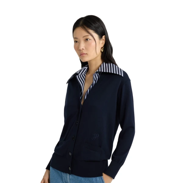 Trompe l'œil poplin collar cardigan in Navy Black cotton - Image 5