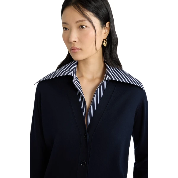 Trompe l'œil poplin collar cardigan in Navy Black cotton - Image 6