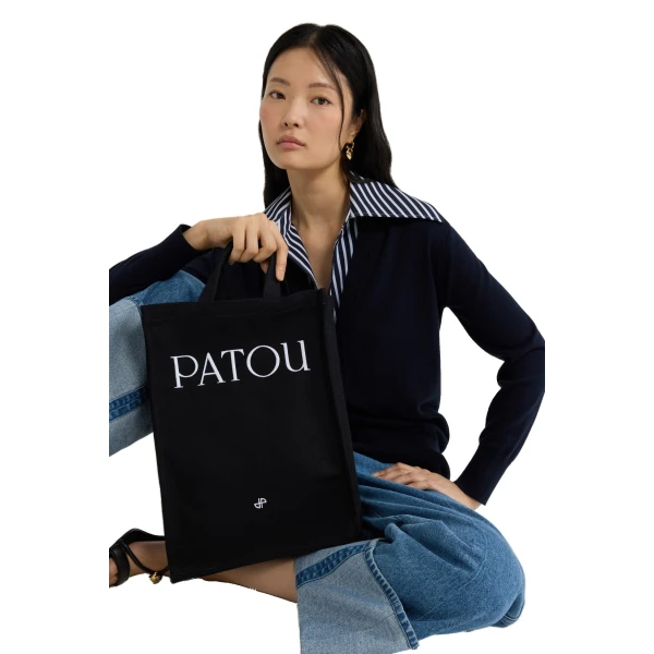 Vertical Patou tote in Black cotton canvas - Image 2
