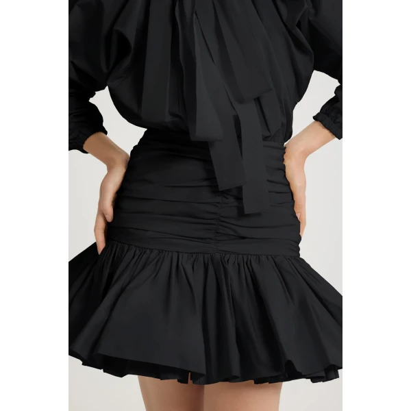Volume sleeve mini dress in Black recycled faille - Image 4
