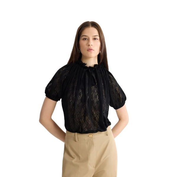 Voluminous polyamide lace top in Black - Image 5