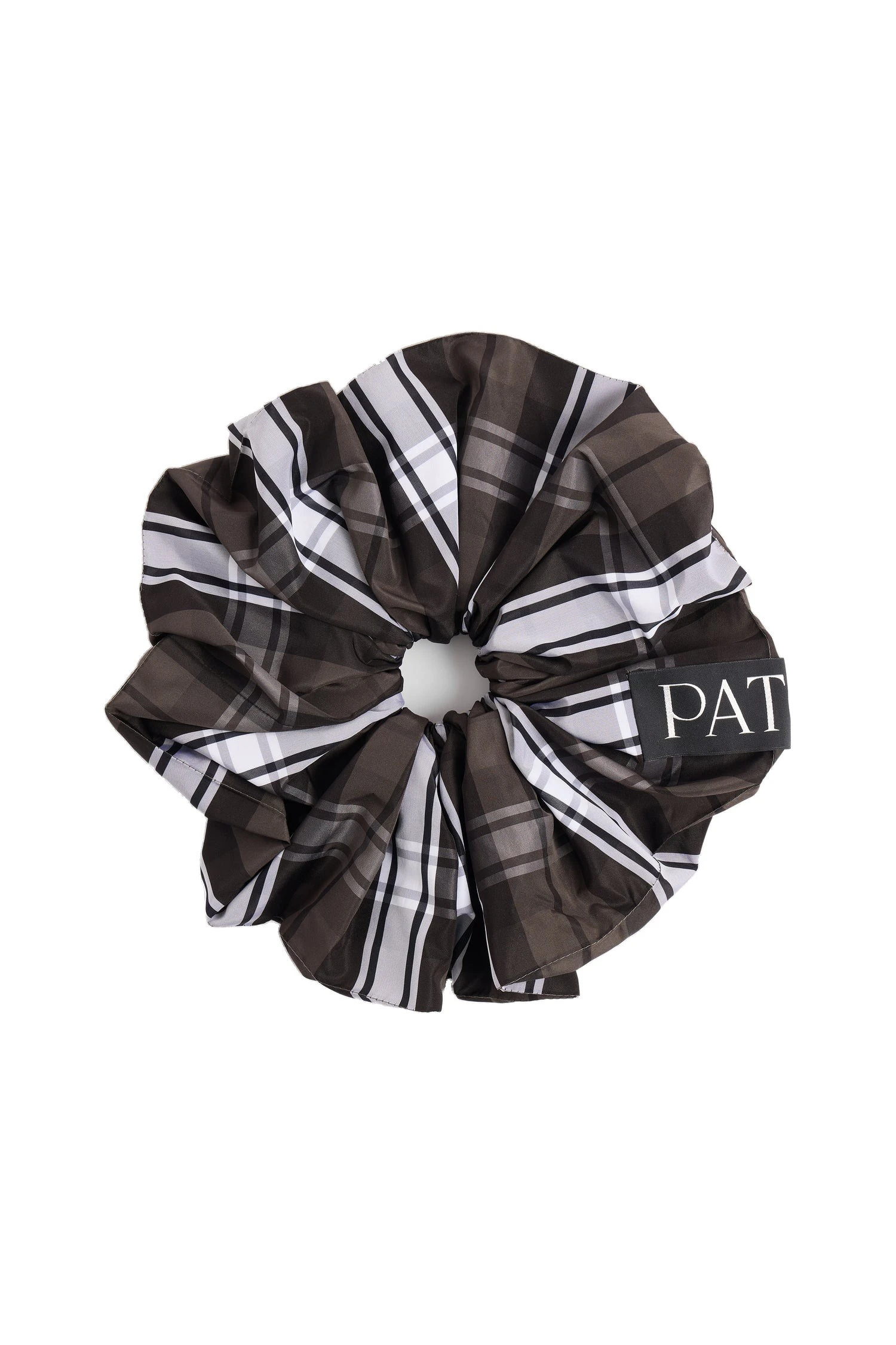 Patou Voluminous scrunchie in Mist Green Tartan recycled polyester | Accessories | Coveti Patou Voluminous scrunchie in Mist Green Tartan recycled polyester