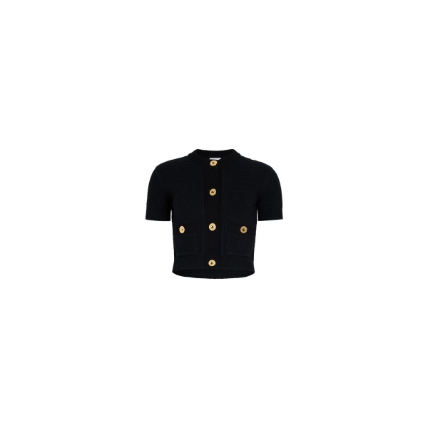 Patou Waffle knit cropped cardigan in Navy Black cotton