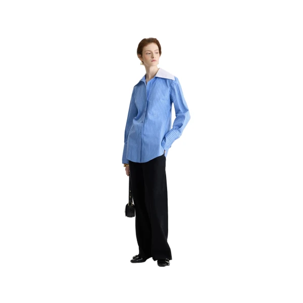 Wide collar blouse in Ice Blue Stripes printed organic cotton poplin - Image 2
