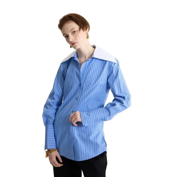 Wide collar blouse in Ice Blue Stripes printed organic cotton poplin - Image 4