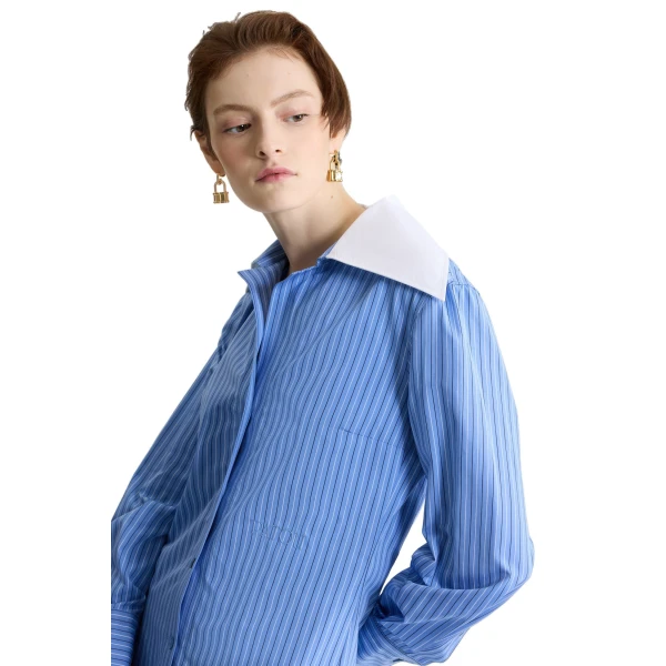 Wide collar blouse in Ice Blue Stripes printed organic cotton poplin - Image 5