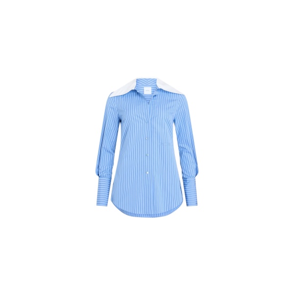Patou Wide collar blouse in Ice Blue Stripes printed organic cotton poplin