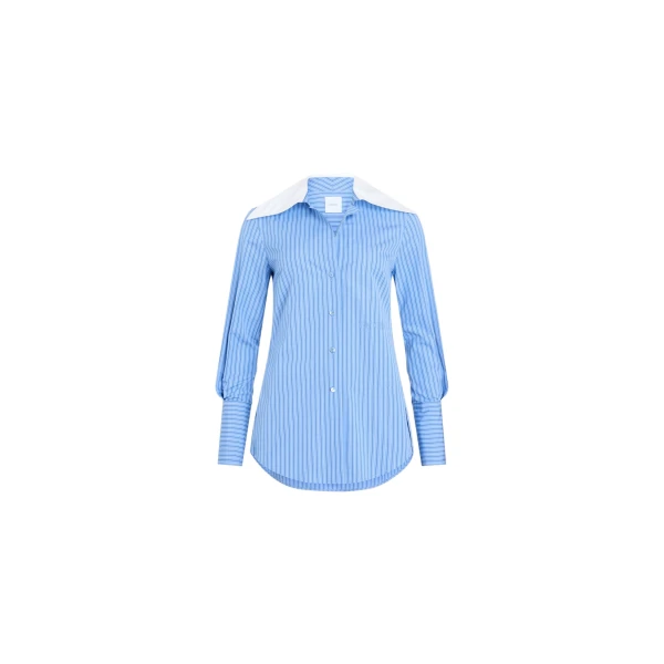 Patou Wide collar blouse in Ice Blue Stripes printed organic cotton poplin