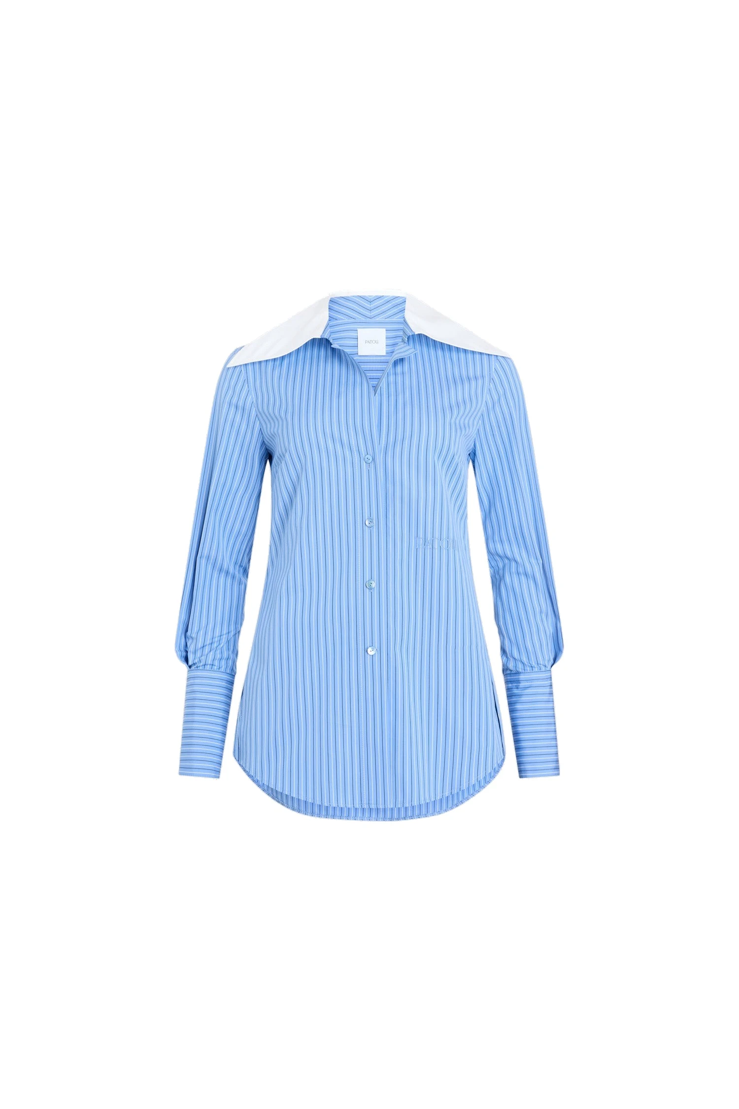 Patou Wide collar blouse in Ice Blue Stripes printed organic cotton poplin | Tops | Coveti Patou Wide collar blouse in Ice Blue Stripes printed organic cotton poplin
