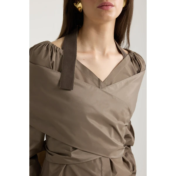 Wrap blouse in Mocha recycled faille - Image 5
