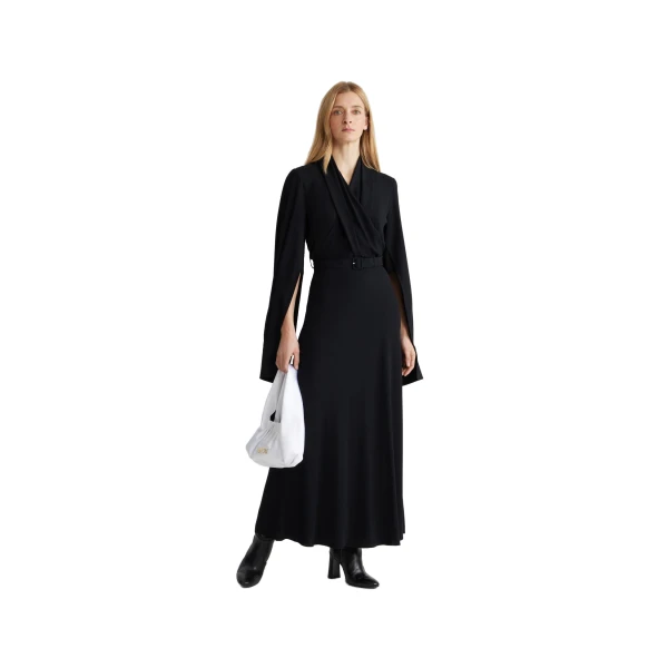 Wrap bodice maxi dress in Black sustainable crepe - Image 2