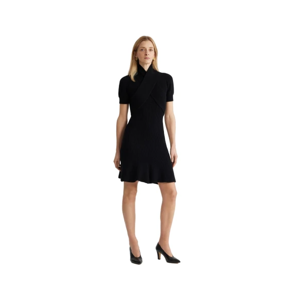 Wrap front dress in Black sustainable wool and cashmere - Image 2