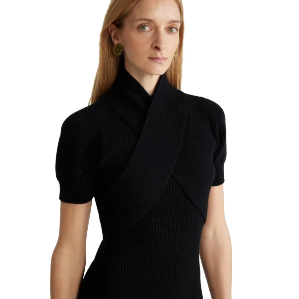 Wrap front dress in Black sustainable wool and cashmere - Image 4