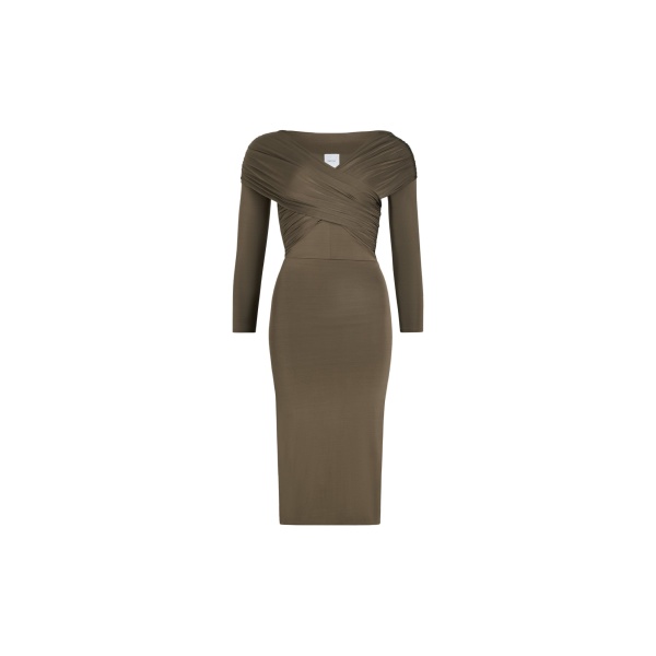 Patou Wrap front dress in Mocha stretch jersey