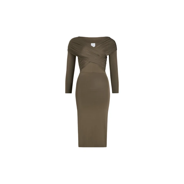 Patou Wrap front dress in Mocha stretch jersey