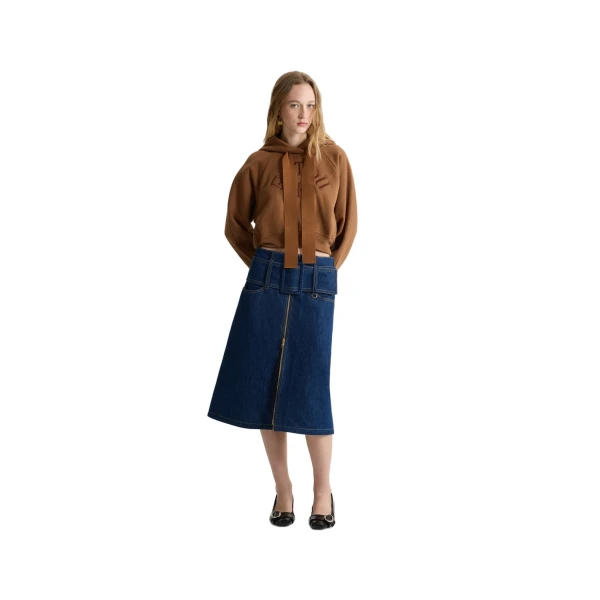 Zip front belted midi skirt in Rodeo Blue cotton denim - Image 2