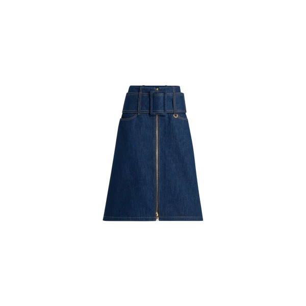 Zip front belted midi skirt in Rodeo Blue cotton denim