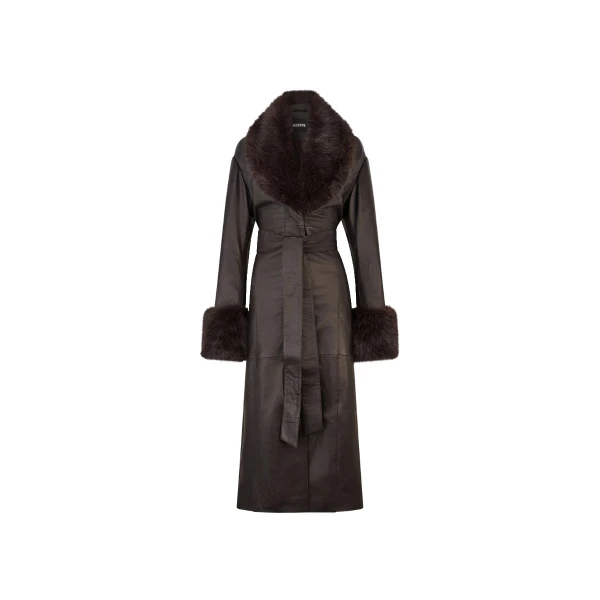Belted Leather Coat Brown