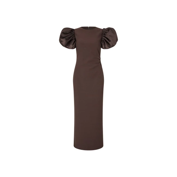 Draped Midi Puff Dress Brown