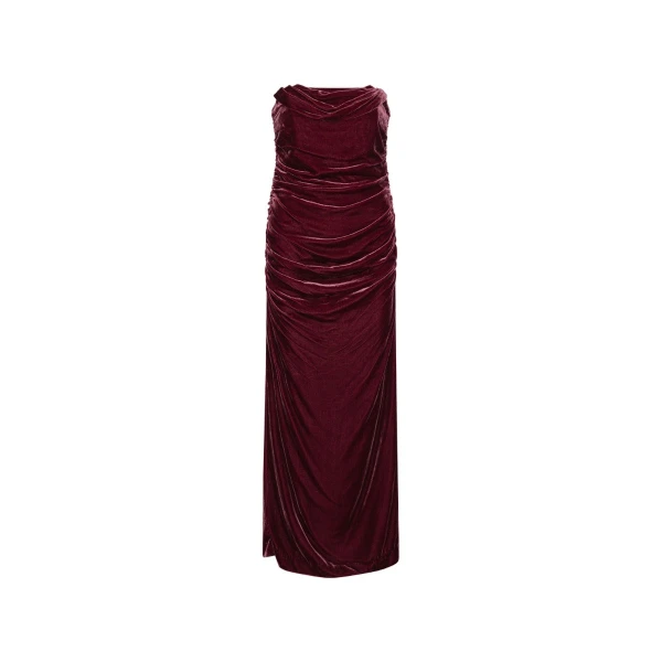 Silk Velvet Ruched Dress Dark Red