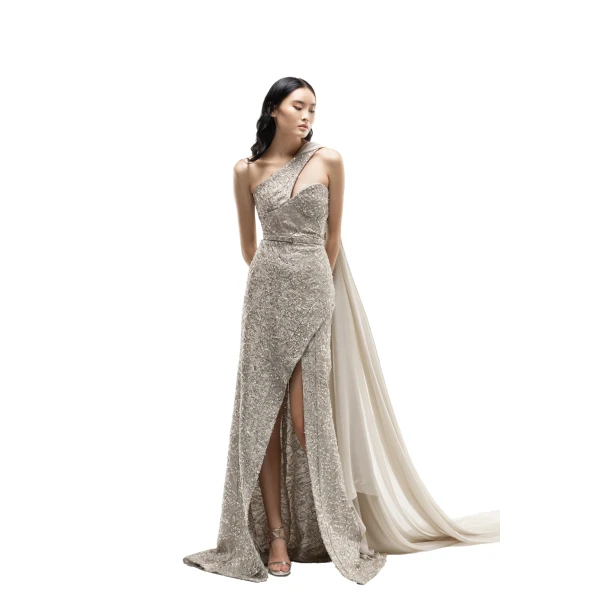 Saiid Kobeisy Asymmetrical Brocade Dress in Gold, view 2