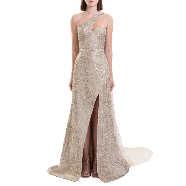 Saiid Kobeisy Asymmetrical Brocade Dress in Gold, view 3