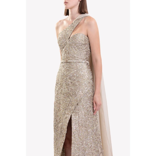 Saiid Kobeisy Asymmetrical Brocade Dress in Gold, view 4