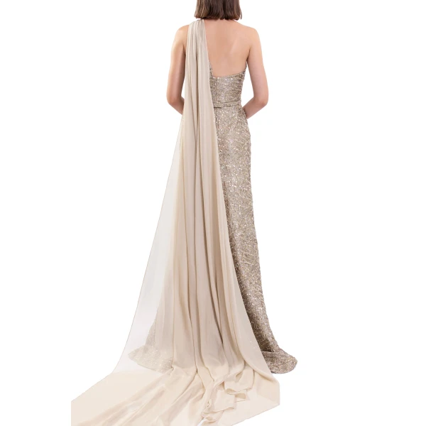 Saiid Kobeisy Asymmetrical Brocade Dress in Gold, view 5