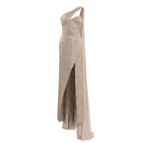 Saiid Kobeisy Asymmetrical Brocade Dress in Gold