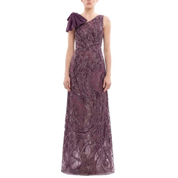 Saiid Kobeisy Asymmetrical Embroidered Dress with Bow in Italian Plum, view 2