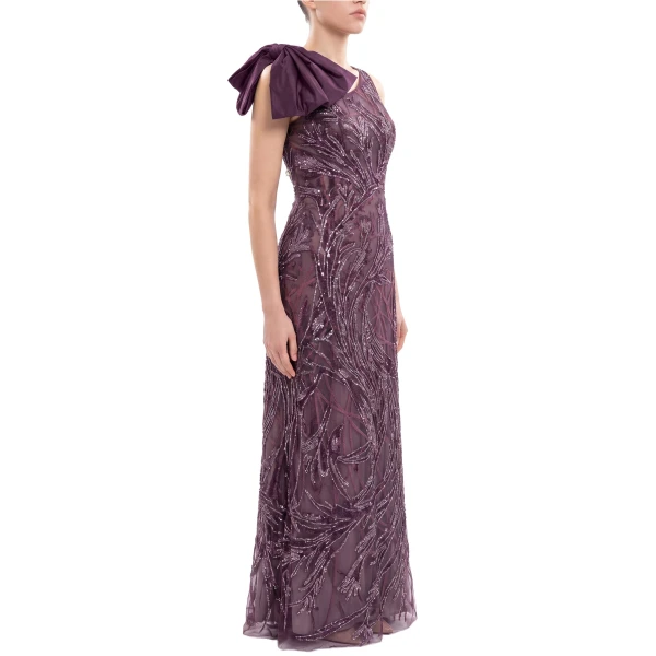 Saiid Kobeisy Asymmetrical Embroidered Dress with Bow in Italian Plum, view 3