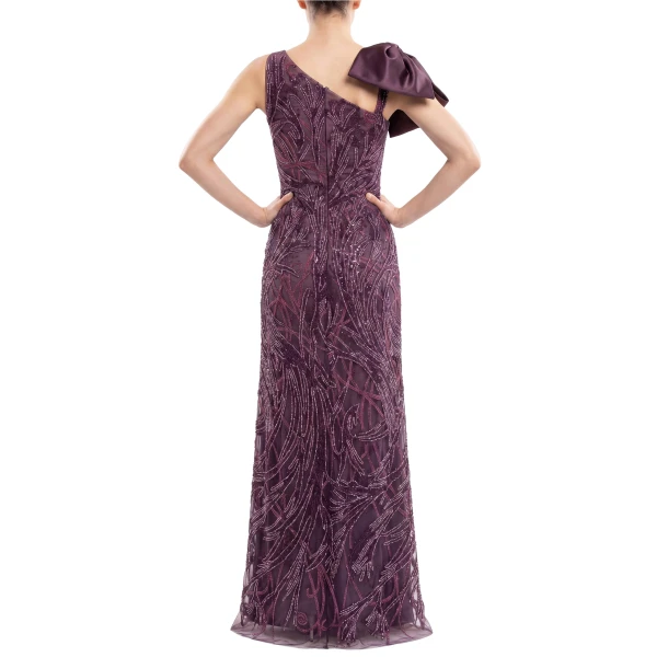 Saiid Kobeisy Asymmetrical Embroidered Dress with Bow in Italian Plum, view 4