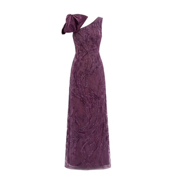 Saiid Kobeisy Asymmetrical Embroidered Dress with Bow in Italian Plum