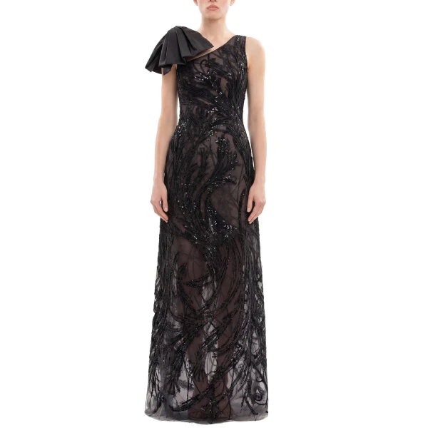 Saiid Kobeisy Asymmetrical Embroidered Dress with Bow in Jet Black, view 2