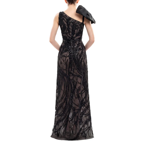 Saiid Kobeisy Asymmetrical Embroidered Dress with Bow in Jet Black, view 4