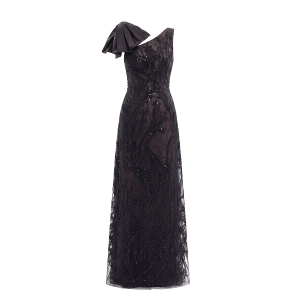 Saiid Kobeisy Asymmetrical Embroidered Dress with Bow in Jet Black