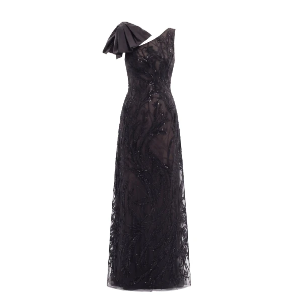 Saiid Kobeisy Asymmetrical Embroidered Dress with Bow in Jet Black