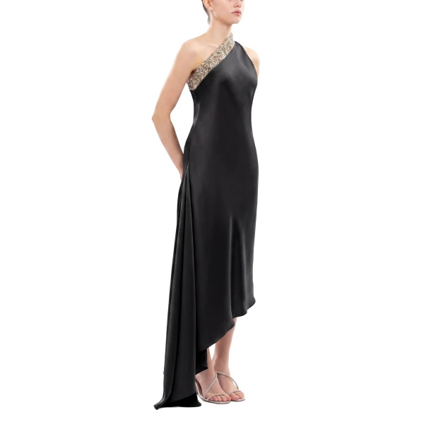 Saiid Kobeisy Asymmetrical One-Shoulder Embellished Dress in Jet Black, view 3