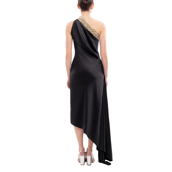 Saiid Kobeisy Asymmetrical One-Shoulder Embellished Dress in Jet Black, view 4