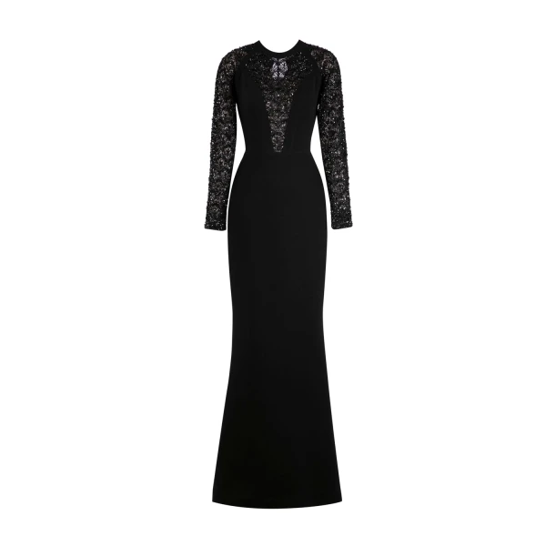 Saiid Kobeisy Beaded Long Crepe Dress in Jet Black, view 2