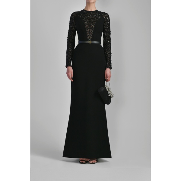 Saiid Kobeisy Beaded Long Crepe Dress in Jet Black